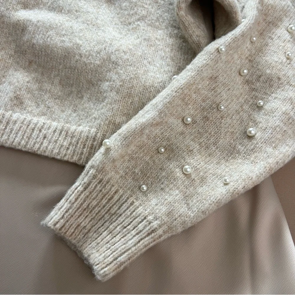 Cupcakes & Cashmere Pearl Sweater Satin Skirt Set Champagne Medium
